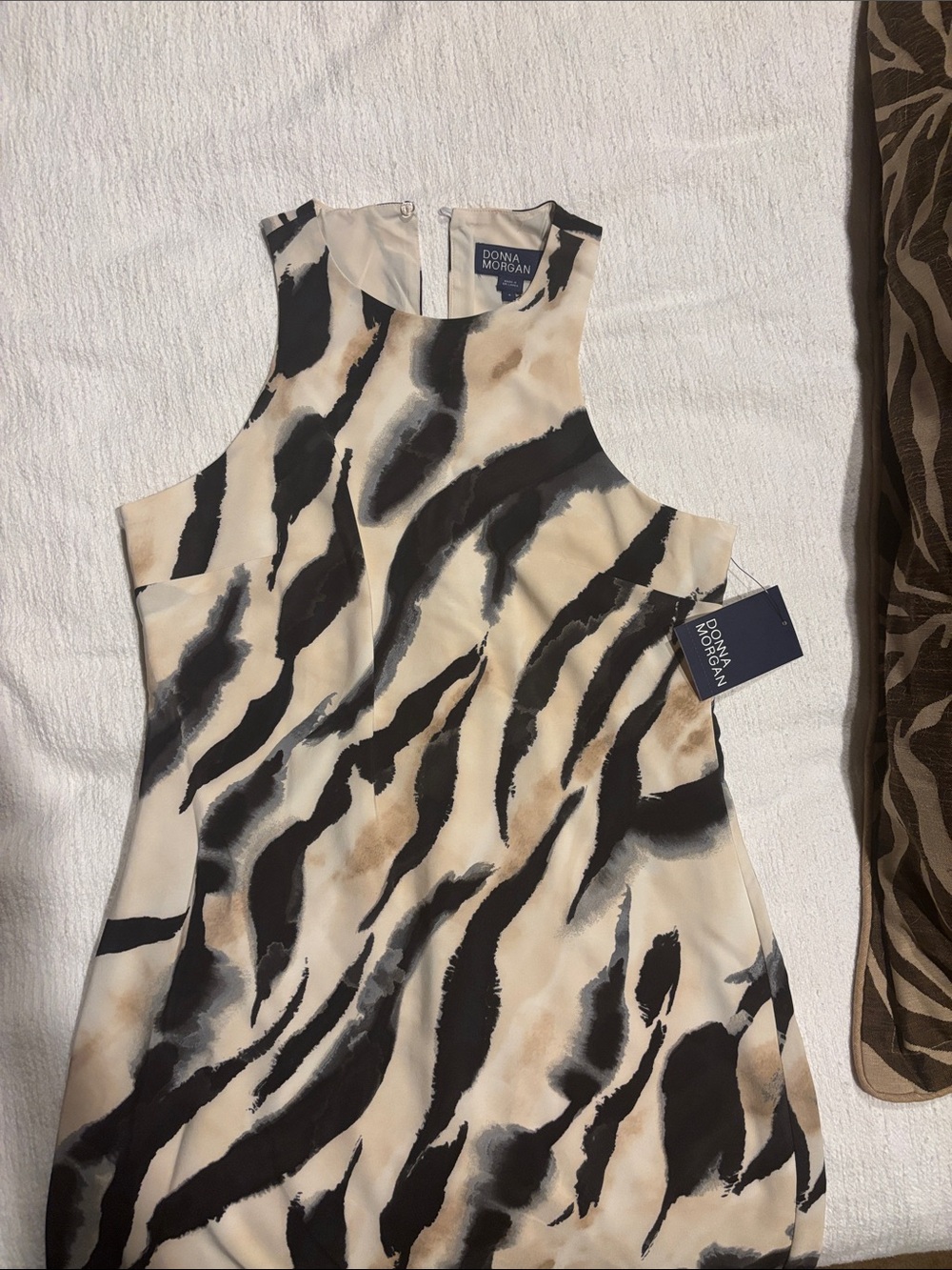 Donna Morgan Black and Beige Animal-Print Mini Dress
